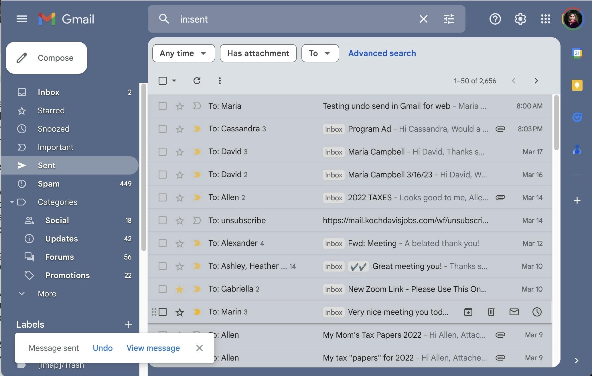 Screenshot of what appears after an email has just been sent via Gmail