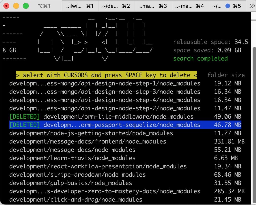 npkill output to Terminal screenshot 1